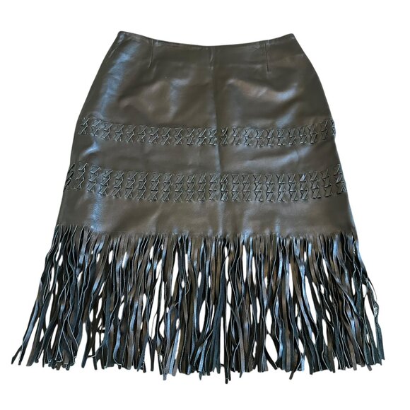Paolo Santini Dresses & Skirts - Paolo Santini Black Leather Skirt Fringe Fitted Bohemian Luxury Size 6 Women's